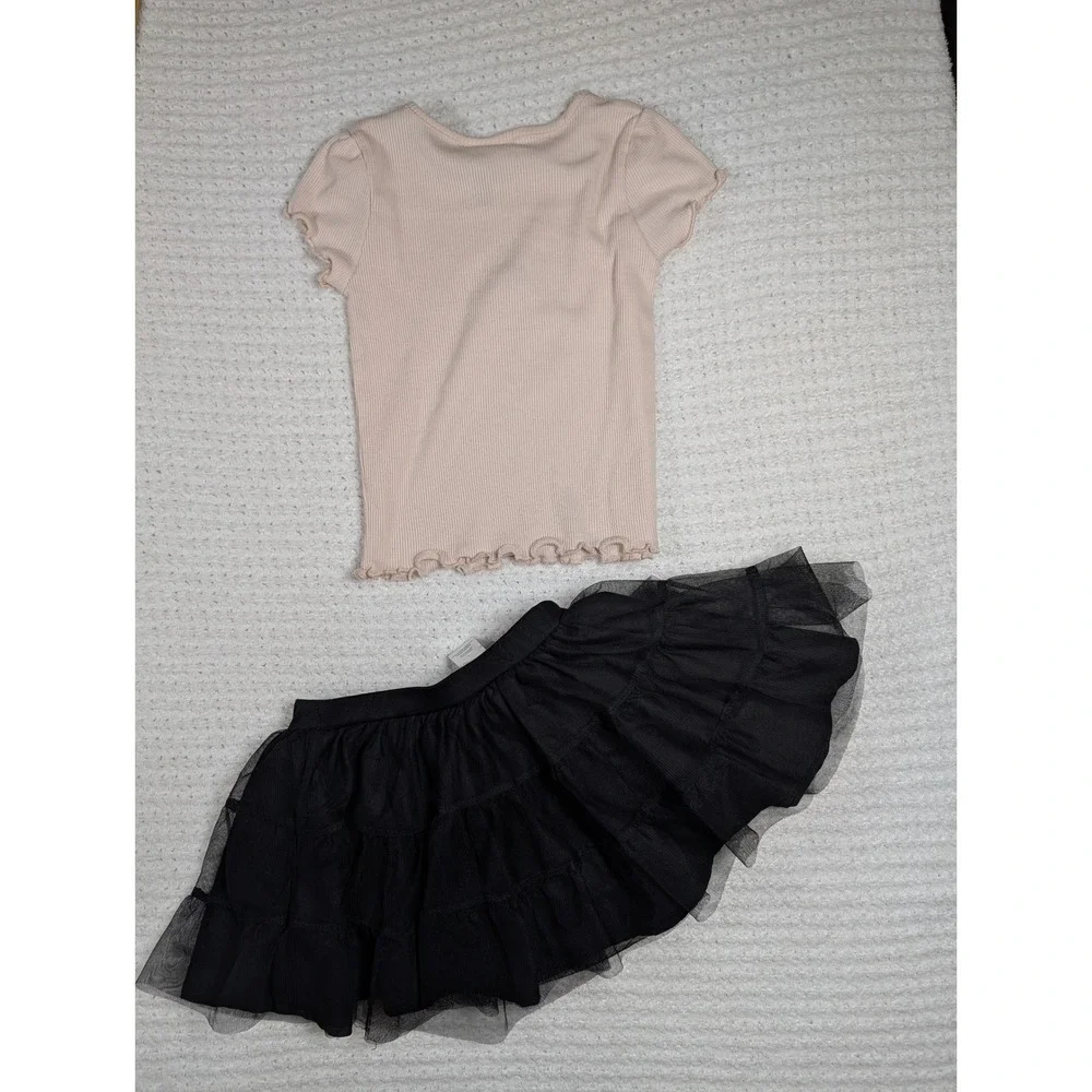 Little Lass Girls Pink Ballerina Ribbed Top and Black Tulle Tutu‎ Skirt Set 4